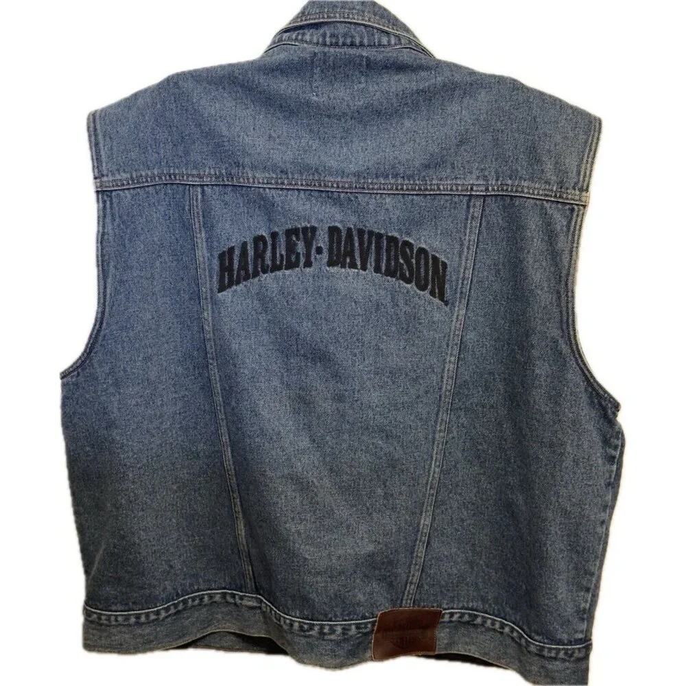 Harley-Davidson Mens Biker Denim Vest-3XL XXXL Snap Leather Patch Pockets‎ Core